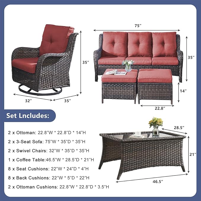 Rilyson Wicker Patio Furniture Set - 7 Piece Rattan Outdoor Sectional Conversation Sets with 2 Rocking Swivel Chairs,2 Ottomans,2 Sofa and 1 Coffee Table for Porch Deck Garden(Brown/Red)