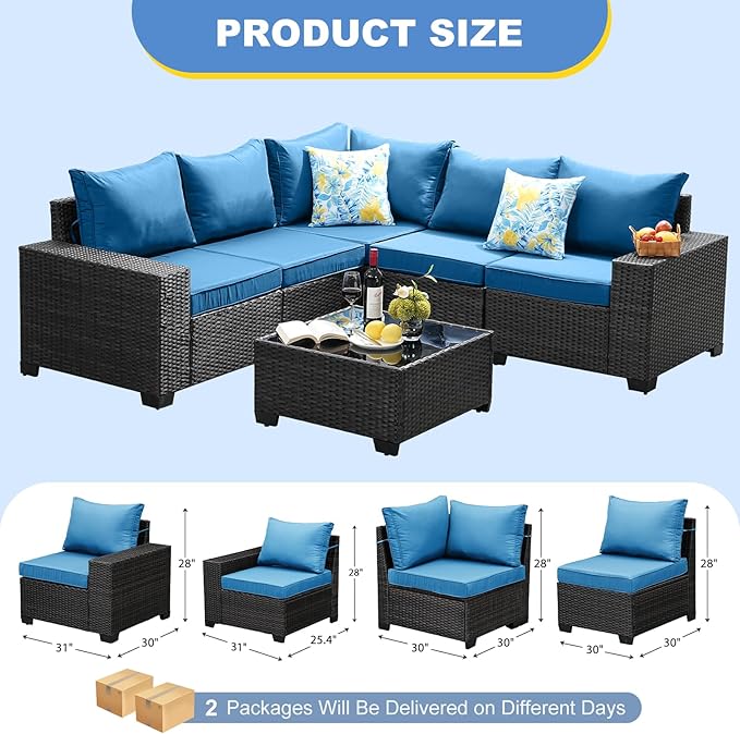 SunloungeCo Patio Furniture Set, 6 Pieces Outdoor Couch Sofa with Wider Armrests & Glass Coffee Table, Outdoor Sectional Furniture with Thick Cushions for Party, Poolside,Garden-Peacock