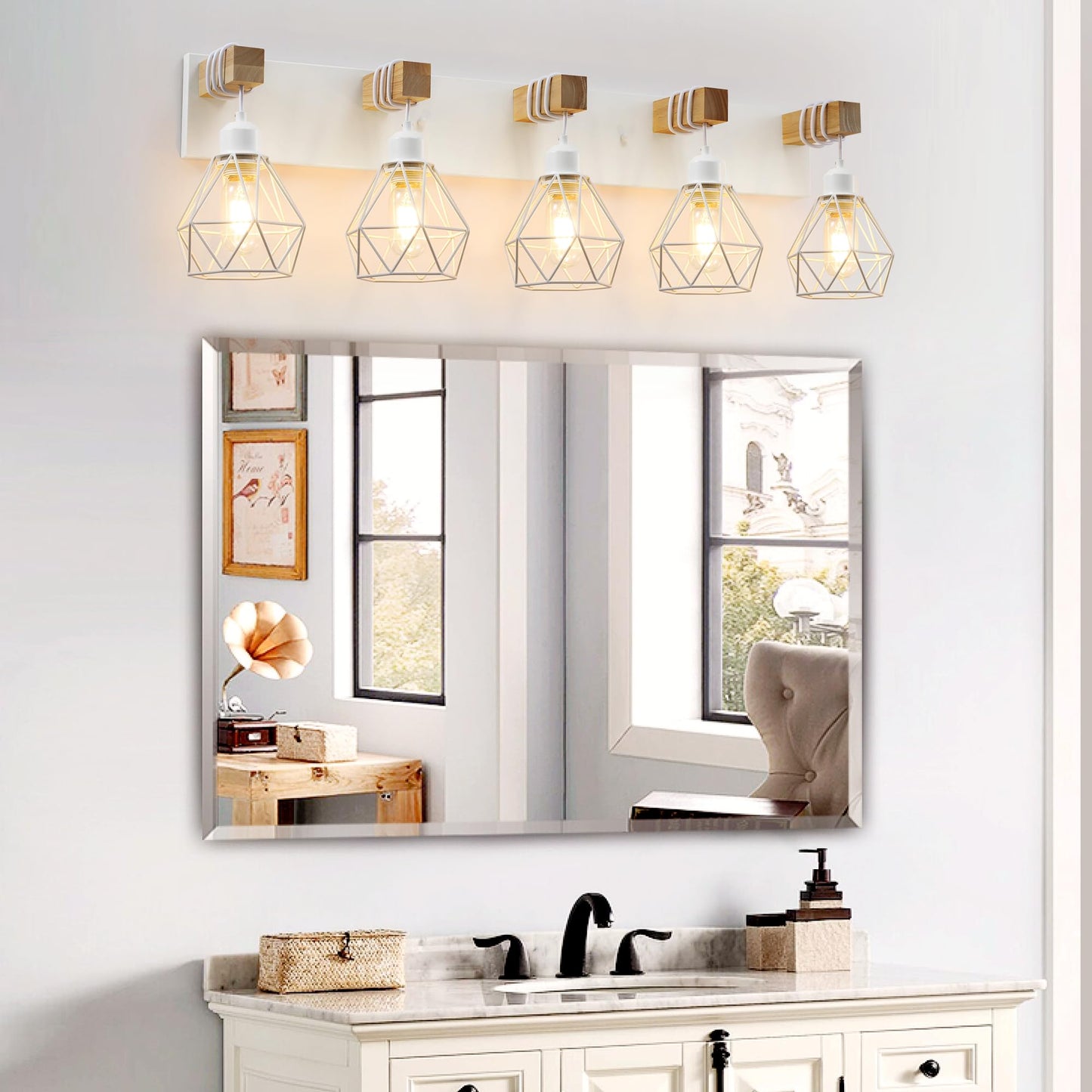 White Bathroom Vanity Light Fixtures, 5-Light Wood Bathroom Light Fixtures Over Mirror, Rustic Sconces Wall Lighting with Elegant Metal Lampshade for Living Room, Bedroom, Hallway
