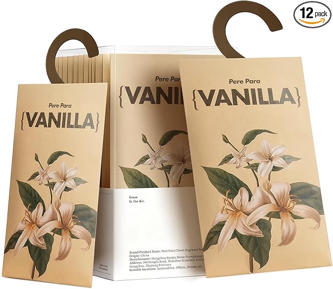 12 Packs Vanilla Potpourri Scented Sachets for Drawers and Closets，【Deodorizer for Stagnant Air】Odor Eliminator，hanging Paper Air Fresheners for Clothes Long Lasting