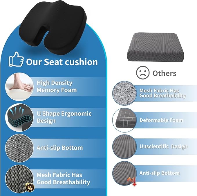 assountgh Seat Cushion &Office Chair Cushion,Lumbar Support Pillow for Office Chair,Ergonomic Memory Foam Non-Slip Office Chair Cushion,Back Support Cushions for Tailbone&Sciatica Pain Relief Black
