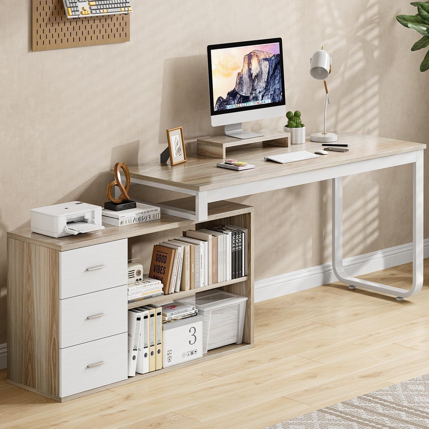 MaverickFurni 55 Inch Reversible L Shaped Computer Desk with 3 Drawers, Corner Desk with Storage Shelves and Removable Monitor Stand, White and Walnut
