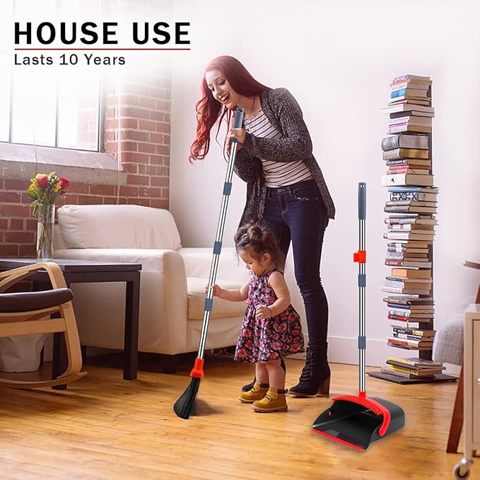 DJDTDTY 2-Pack is More economical，Brooms with Dustpan Combo Set， with 52" Long Handle, Dustpan Teeth with self-Cleaning Function, Indoor and Outdoor Sweeping, Perfect for Home Office
