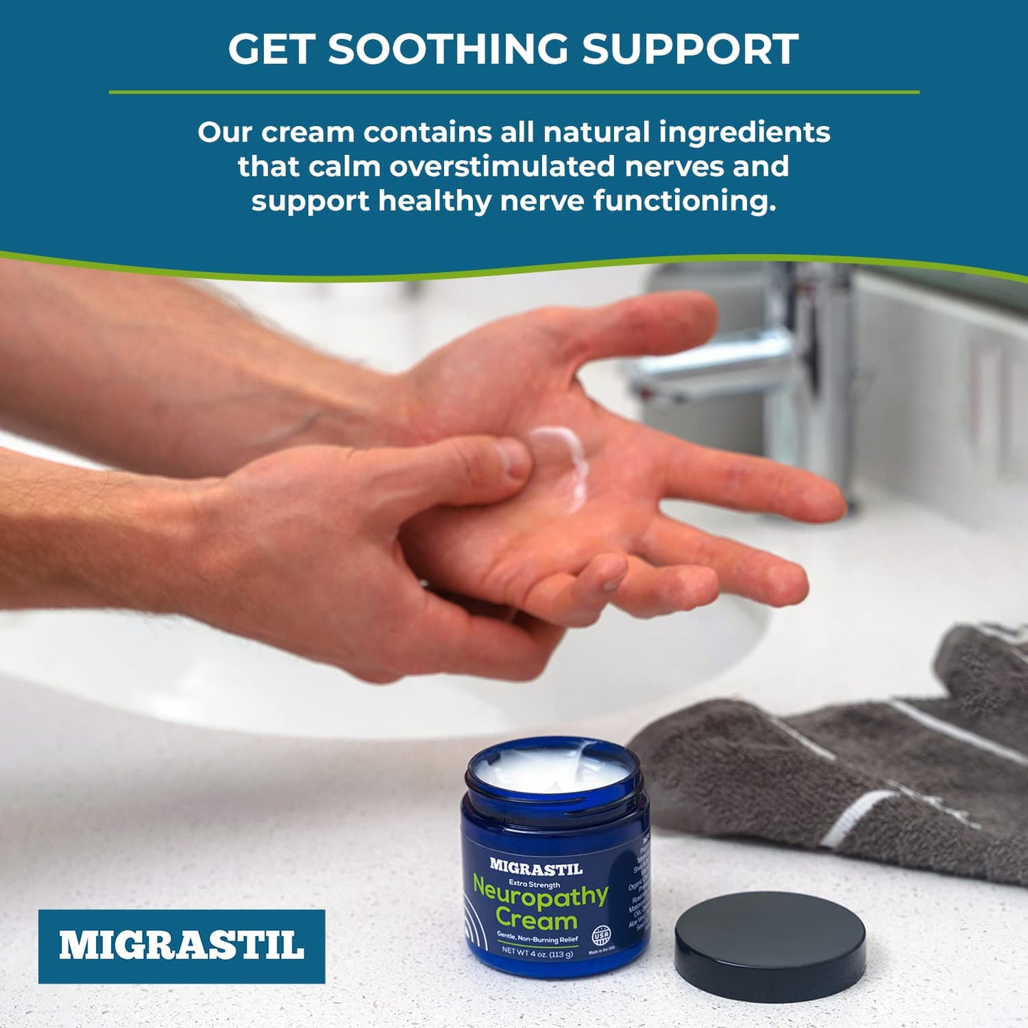 Basic Vigor Migrastil Neuropathy Relief Cream Extra Strength for Feet, Legs, and Hands. Made in The USA. Vegan and Cruelty-Free, Non-Greasy, Gentle, Non-Burning with Cooling Effect (4 oz.)