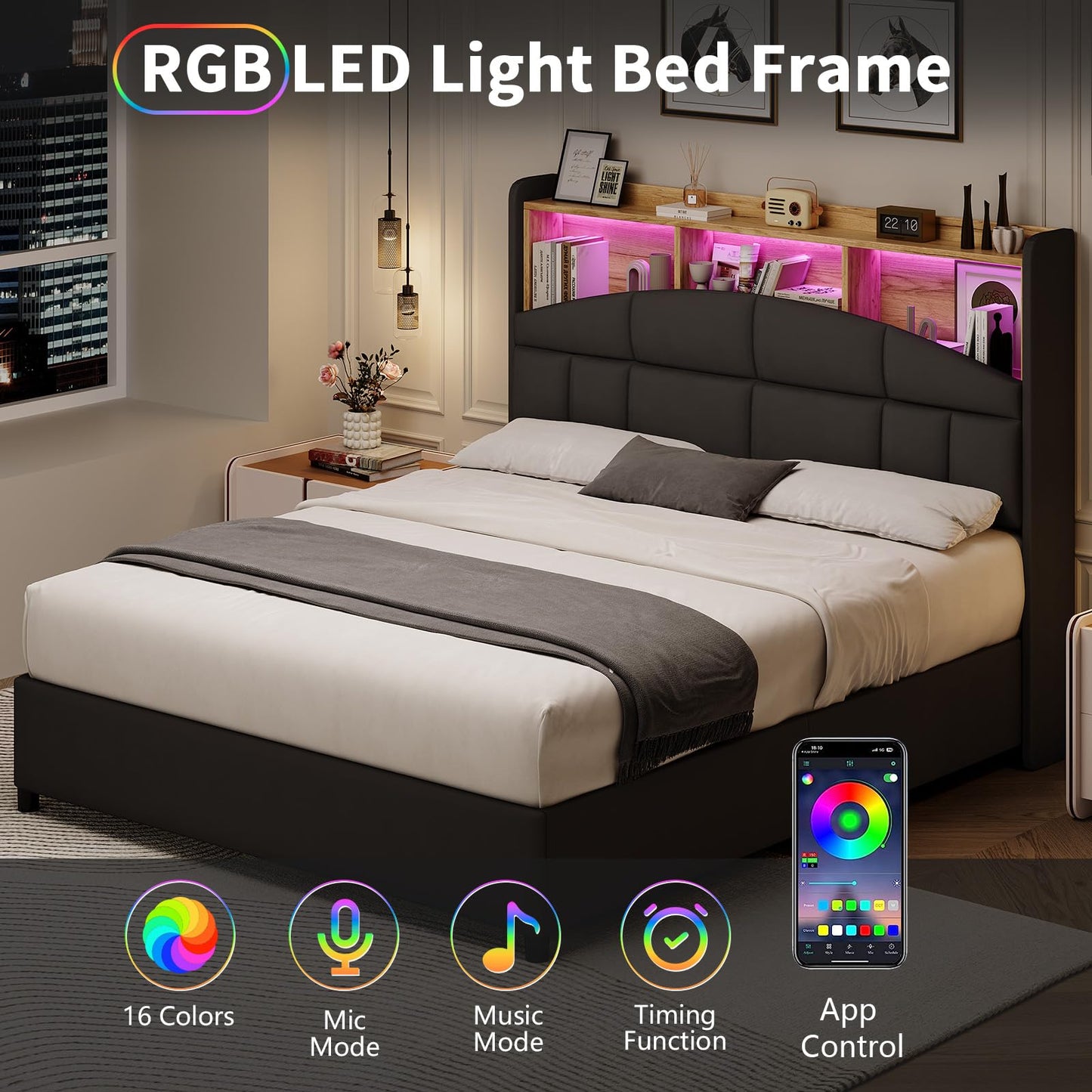 REVOMINCA Queen Bed Frame with Headboard and LED Lights, Velvet Upholstered Bed Frame with Wooden Slats Support, No Box Spring Needed, No Noise, Black
