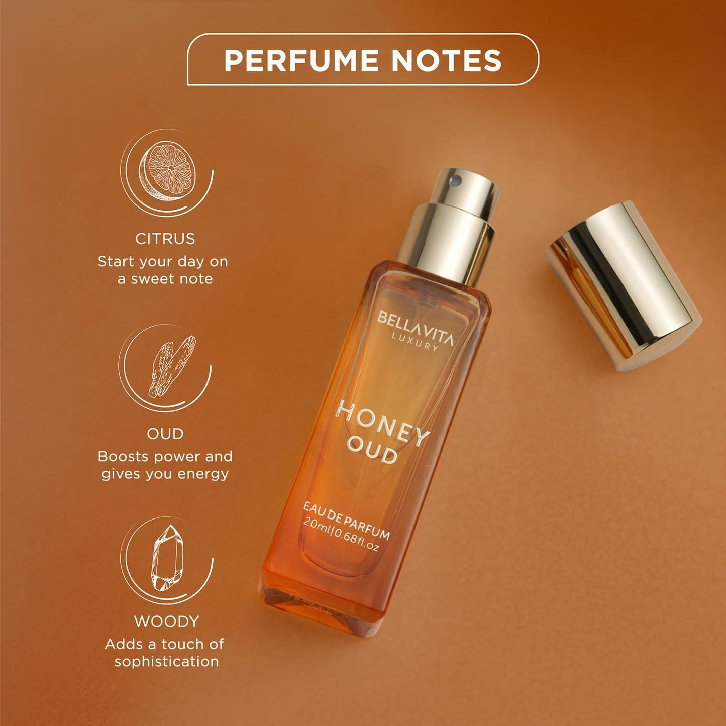 BellaVita Luxury Honey OUD Eau de Parfum Travel Size Edition 20 ml | Long-Lasting Mini Perfumes for Women | Notes: Patchouli, Vanilla, Bergamot & Spicy Notes | Pocket Perfume for Women | Vegan Perfume