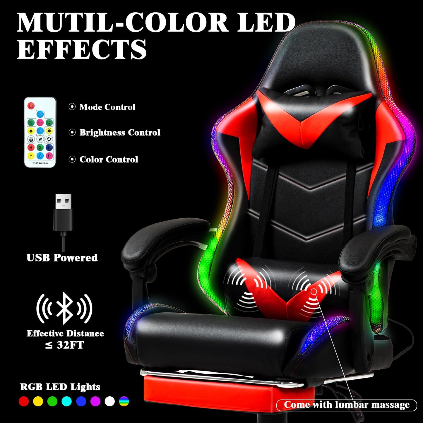Czlolo Gaming Chair, Racing Style RGB LED Lights Gaming Chairs for Adults and Kids, Lumbar Massager Gamer Chair, High Back Reclining Computer Chair with Footrest and Headrest (Black/Red)