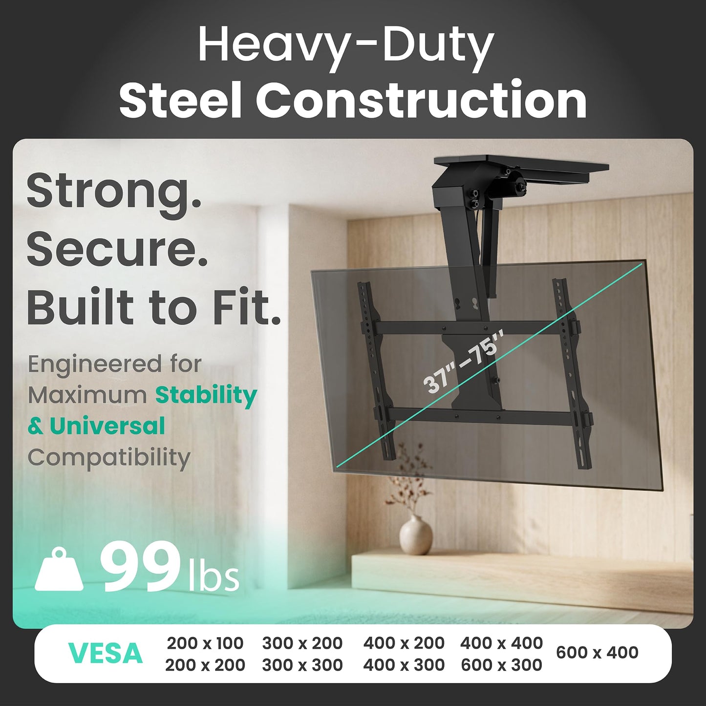 ynVISION.DESIGN Motorized Electric Ceiling TV Mount with Remote for 37-75 Inch TVs - Smart TV Flip Down Ceiling Mount with Cable Management -Max VESA 600x400 - 99 lbs, Voice/App Controlled, 0-80° Tilt