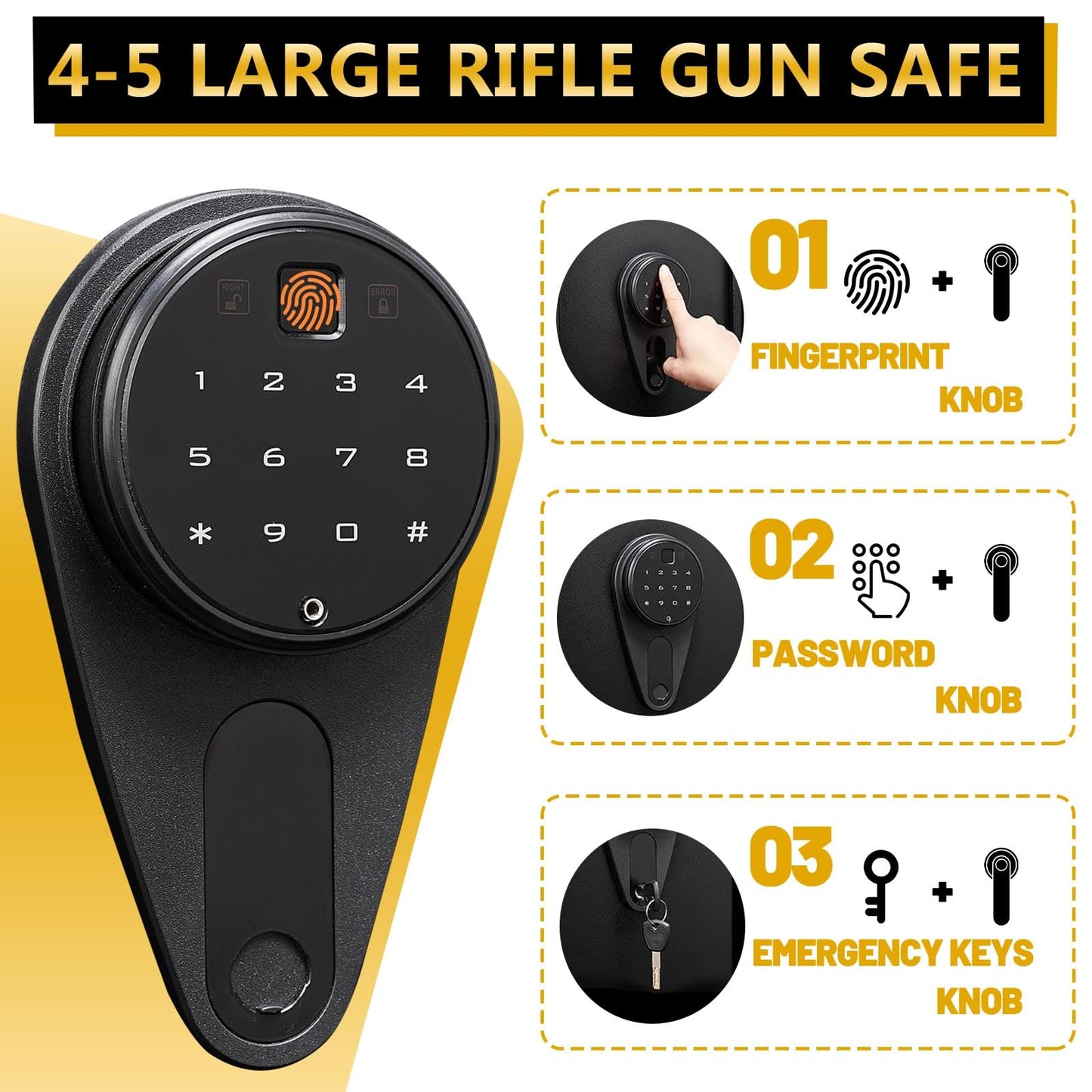 Kaer 4-5 Biometric Gun Safe for Rifles and Pistols,Long Rifle Safe for Home,Gun Cabinet for Rifles and Shotguns with Fingerprint/Digital Keypad/Removable Shelf