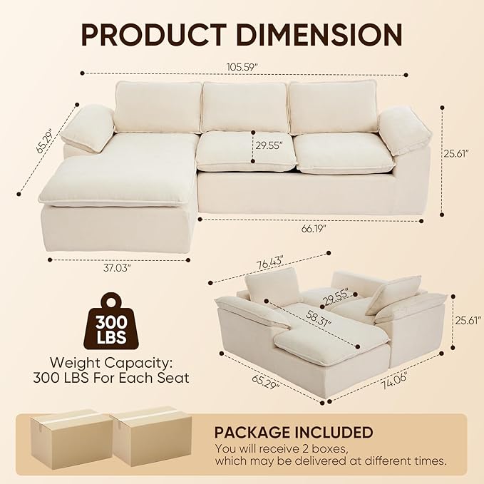 YAAREE 105.6”L Shape Modular Sectional Couch for Living Room, Modern Cloud Sectional 3 Seat Sofa with Oversized Chaise, Woven Texture Upholstery Boneless Couch (Beige, Left Facing Chaise)