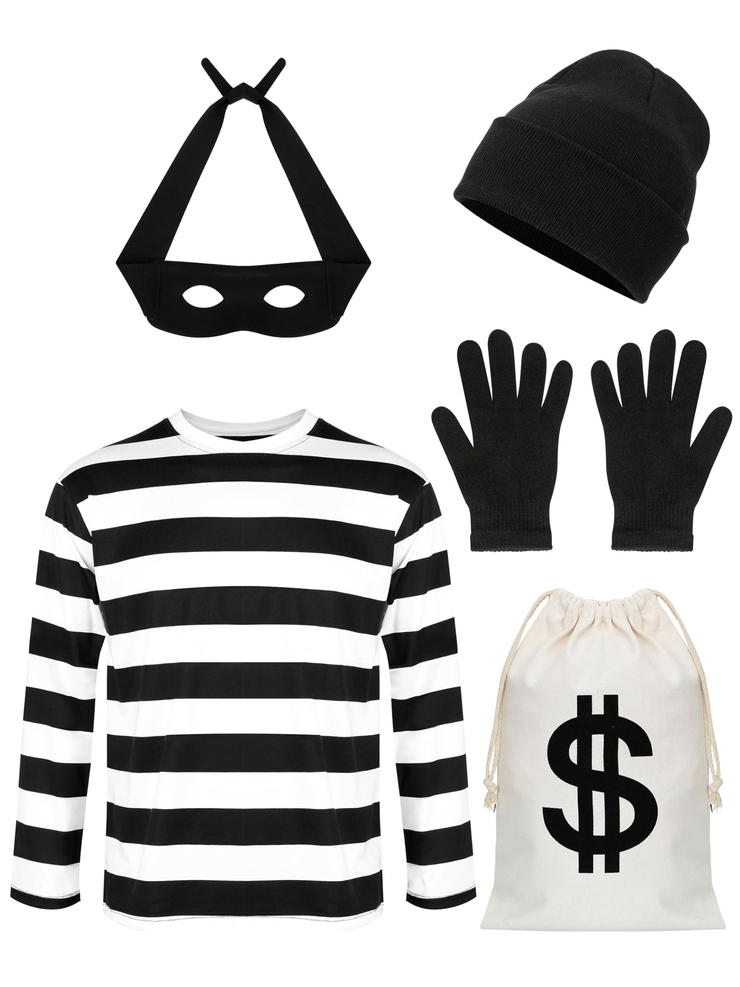 QZYL Robber Costume Set, XL Unisex Thief Cosplay T Shirt Beanie Cap Gloves Eye Masks Money Bags for Halloween