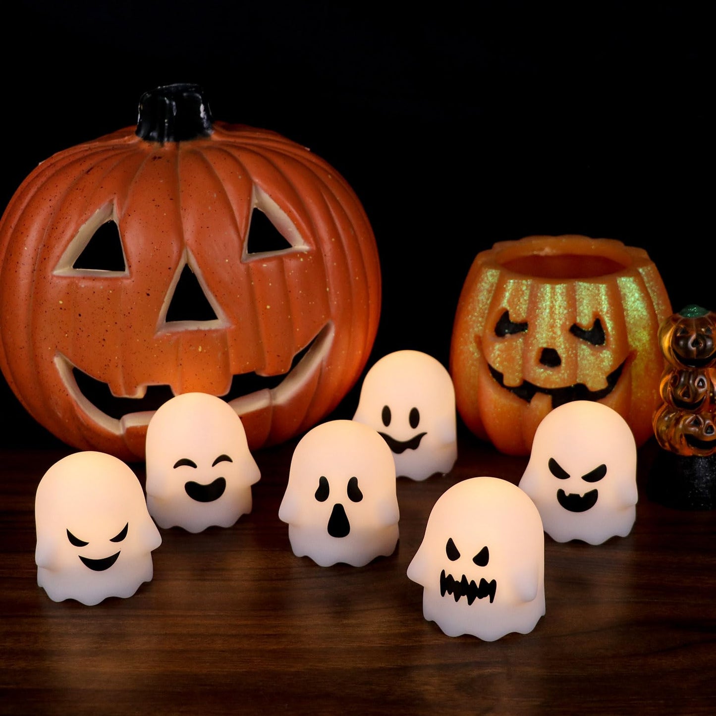 Lasumora Ghost Halloween Decorations Flameless Candles with Remote Timer, 6 Pack Grimace Ghost Candles, Battery Operated White LED Tea Lights Candles Dimmable Light for Halloween Decor