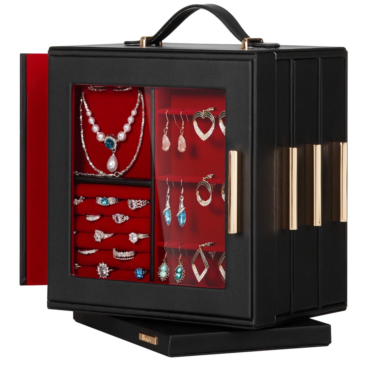 Homde Jewelry Box 360° Rotating, Necklace Earring Organizer with Transparent Window, Mirror, 7 Drawers, Large Ring Display Storage Case for Girls Women (Black + Red)