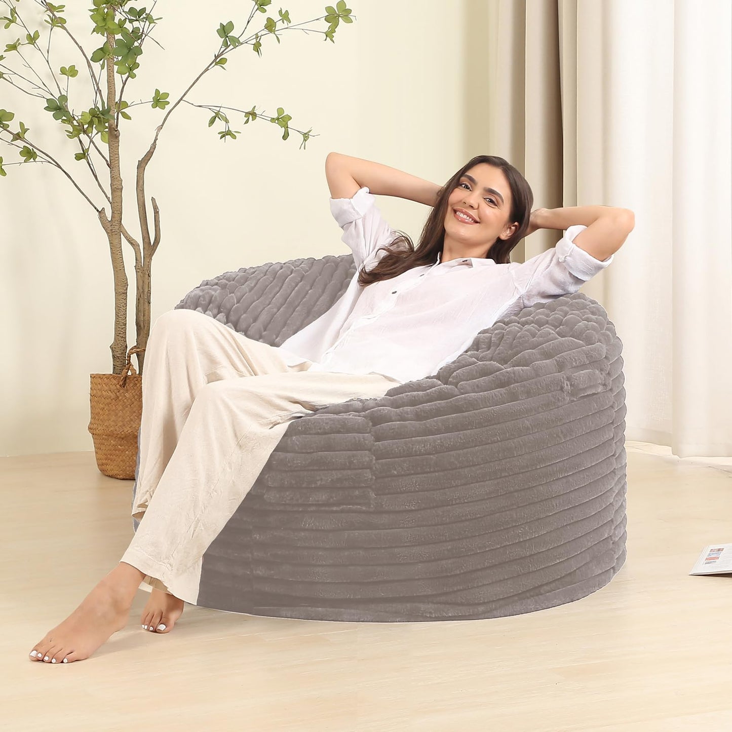 BestRoyal 3FT Memory Foam Bean Bag Chair for Adults/Teens, Bean Bag Sofa with Fluffy Removable Cover, for Living Room Bedroom, Grey
