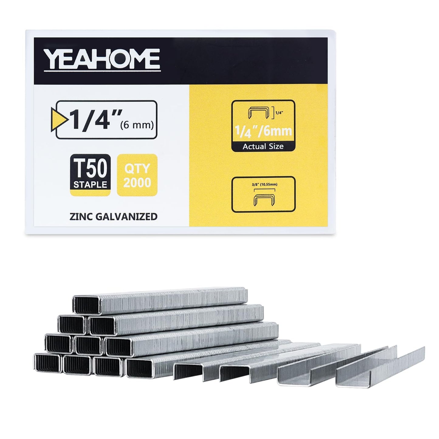 YEAHOME Heavy Duty Staples, 2000 Counts 1/4 inch T50 Staples, 20 Gauge Galvanized 3/8 Inch Crown Upholstery Staple for Pneumatic, Electric T50 Staple Gun