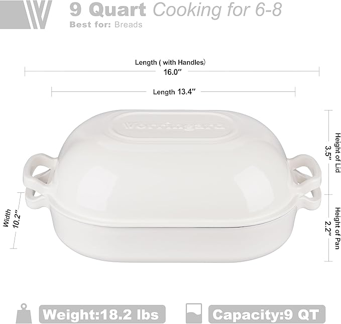 Large Cast Iron Dutch Oven Dome Pot with Lid, Enameled Bread Oven, Bread Pan for Homemade Sourdough Bread Baking, 9QT, White