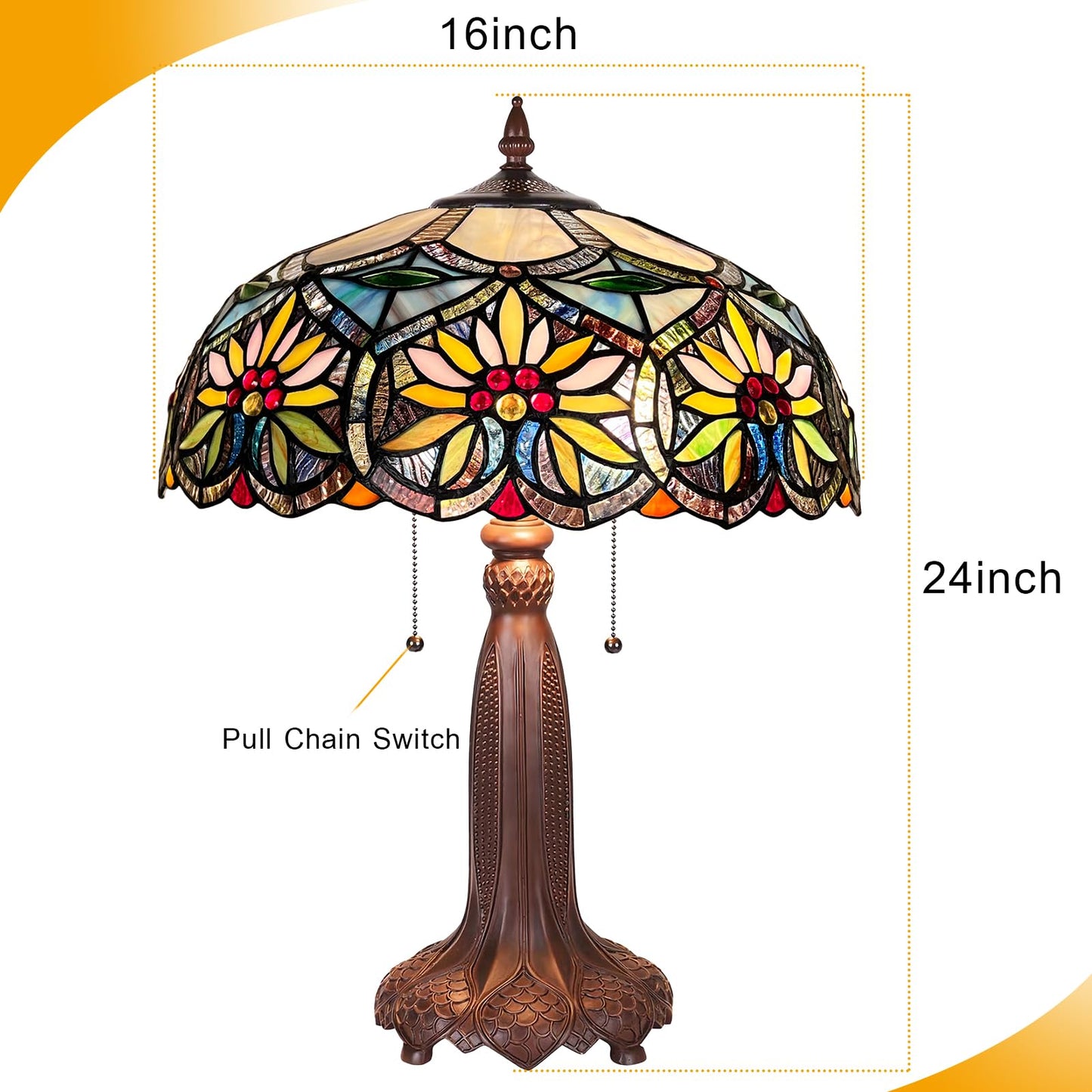 Capulina Large Tiffany Table Lamp Bedside Reading Lamp 2-Light 16X16X24 Inches Sunflower Style Stained Glass Desk Lamp for Bedrooms Living Room Study Home Office