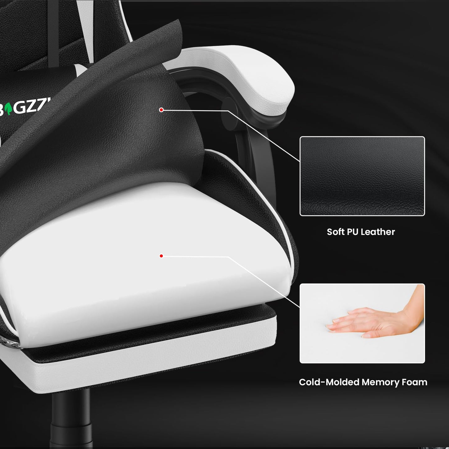 Bigzzia Gaming Chair with Footrest, Ergonomic Computer Game Chairs, Headrest and Lumbar Support, Adjustable Height, Reclining, Racing Style, and 360°Swivel Seat, Black/White