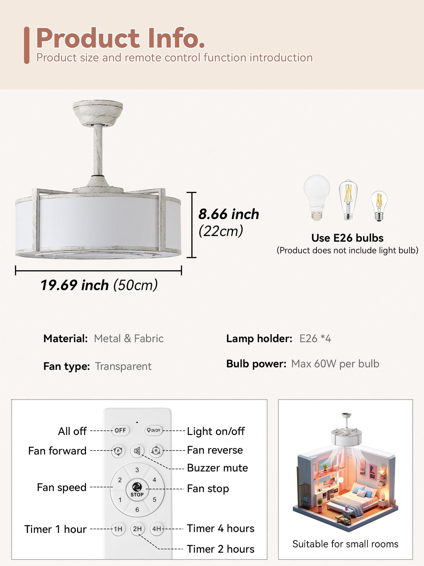 Ymkskj 20 White Fandelier Ceiling Fans With Lights, Boho Rattan Ceiling Fan With Light Remote Control, Caged Mid-Century Modern