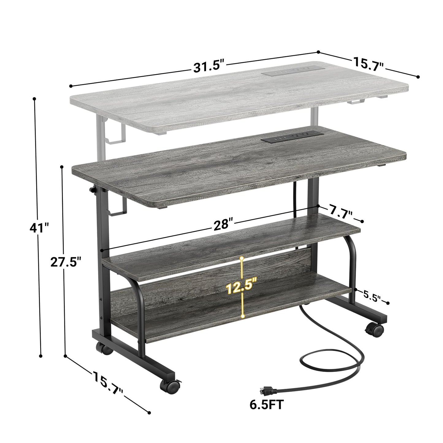 32" Height Adjustable Standing Desk with Power Outlets - Manual Rolling Stand Up Desk with Wheels Small Portable Computer Desk Mobile Laptop Table with Storage Shelves for Home Office, Grey Oak