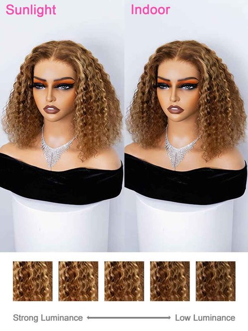 Highlight Blonde Wear and Go Glueless Wigs Human Hair Pre Plucked Pre Cut, 5x7 OQ Hair Glueless Wigs 4/27 Water Wave Short Curly Bob Wig Human Hair for Women 4/27 Color 12Inch