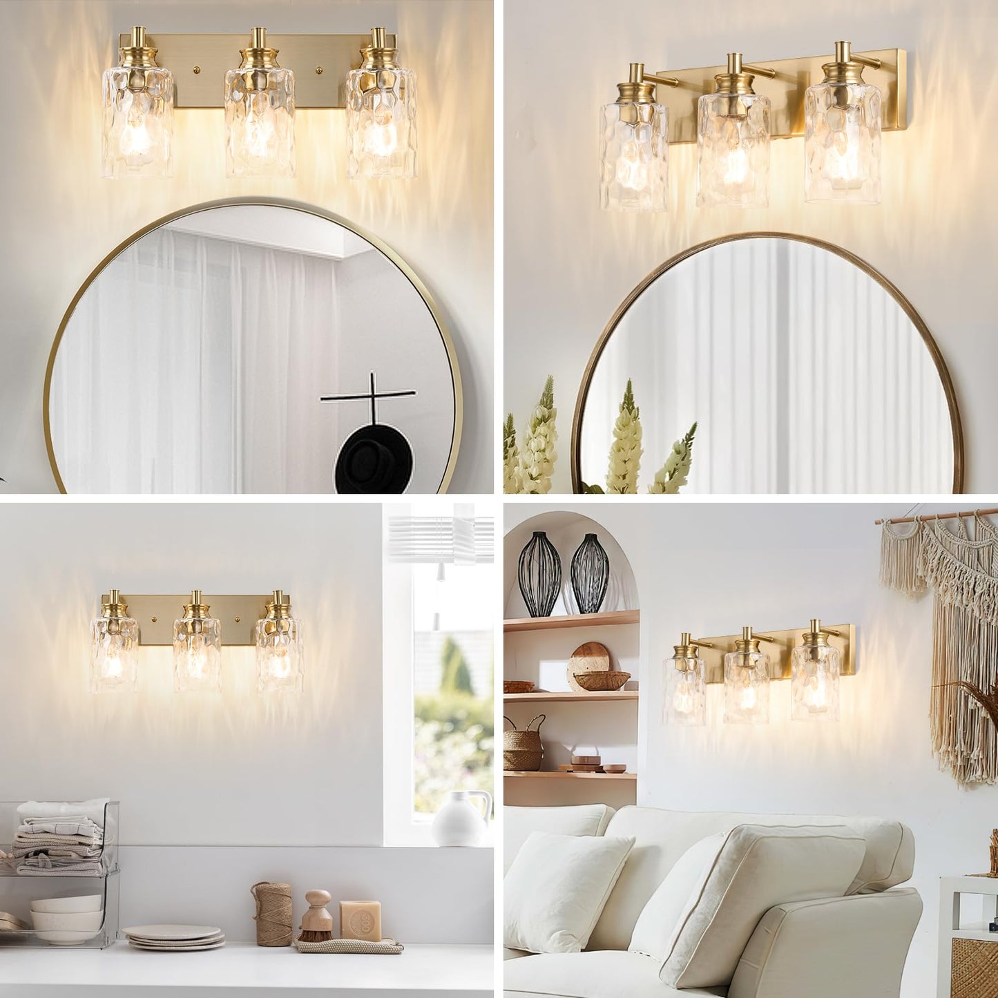 AMRUIPO 3 Light Bathroom Vanity Light Modern Brushed Gold Bathroom Light Fixtures Over Mirror with Hammered Glass Lampshade for Kitchen Hallway