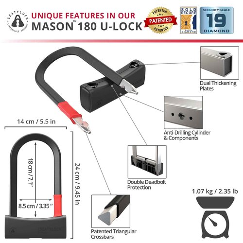 Seatylock Mason Bike U Lock - Patented Heavy Duty Anti Theft Diamond Secure ULock - Ultra Security Bicycle Safety Tool with Keys for City Electric or Mountain Bikes and Scooters (7.1 Inch)
