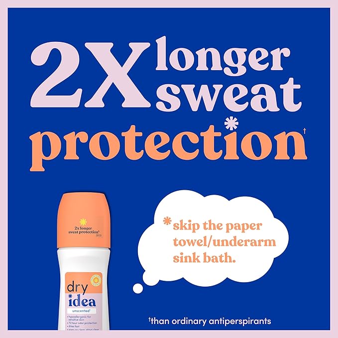 Dry Idea Roll-On Deodorant & Antiperspirant | 2X Longer Sweat Protection | 72-Hour Odor Protection | Unscented & Hypoallergenic for Sensitive Skin, 3.25 oz. (Pack of 2)