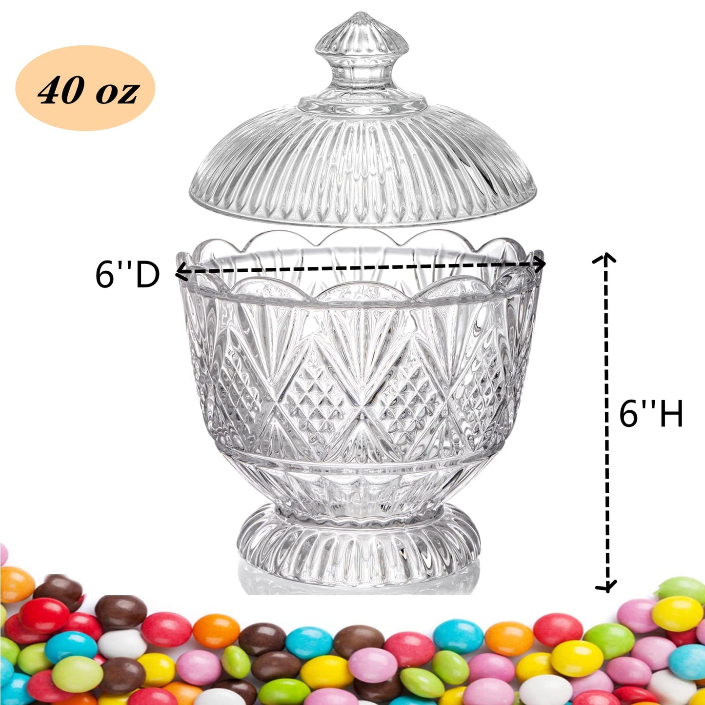 Lyellfe Glass Candy Dish with Lid, 40 Oz Large Clear Covered Cookie Bowl, Decorative Embossed Food Storage Container for Candy Buffet, Office Desk, Lead-free, Dishwasher Safe