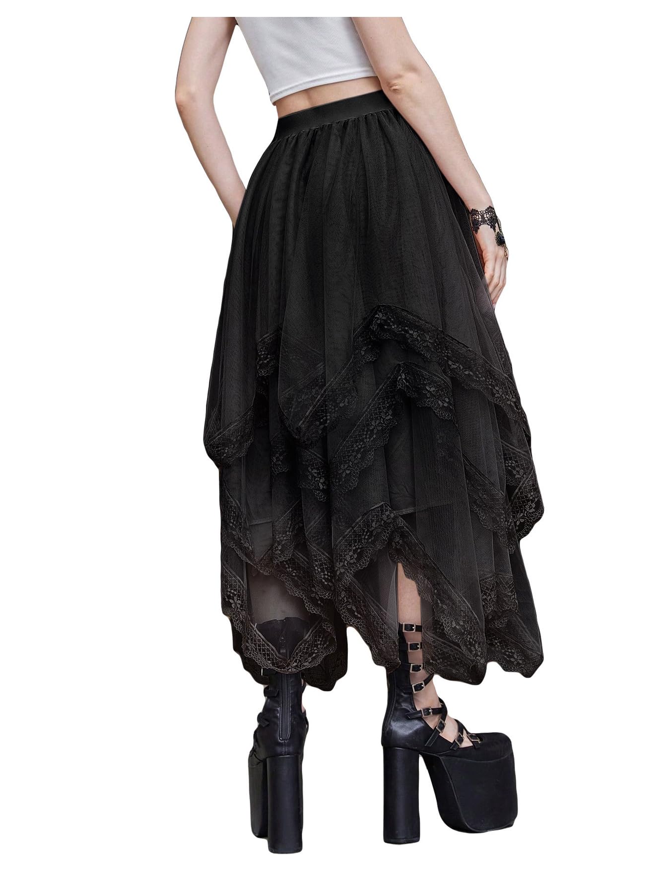 SHENHE Women's Lace Trim Layered Mesh Tulle Skirt High Waist Asymmetrical Long Goth Skirt Black S