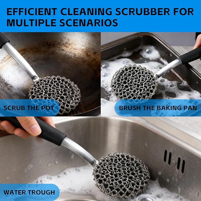 Cast Iron Scrubber with Silicone Handle, Chainmail Scrubber 316 Stainless Steel Brush Non-Scratch Pot for Cast Iron Pan Skillet Cleaner, Dishwasher Safe
