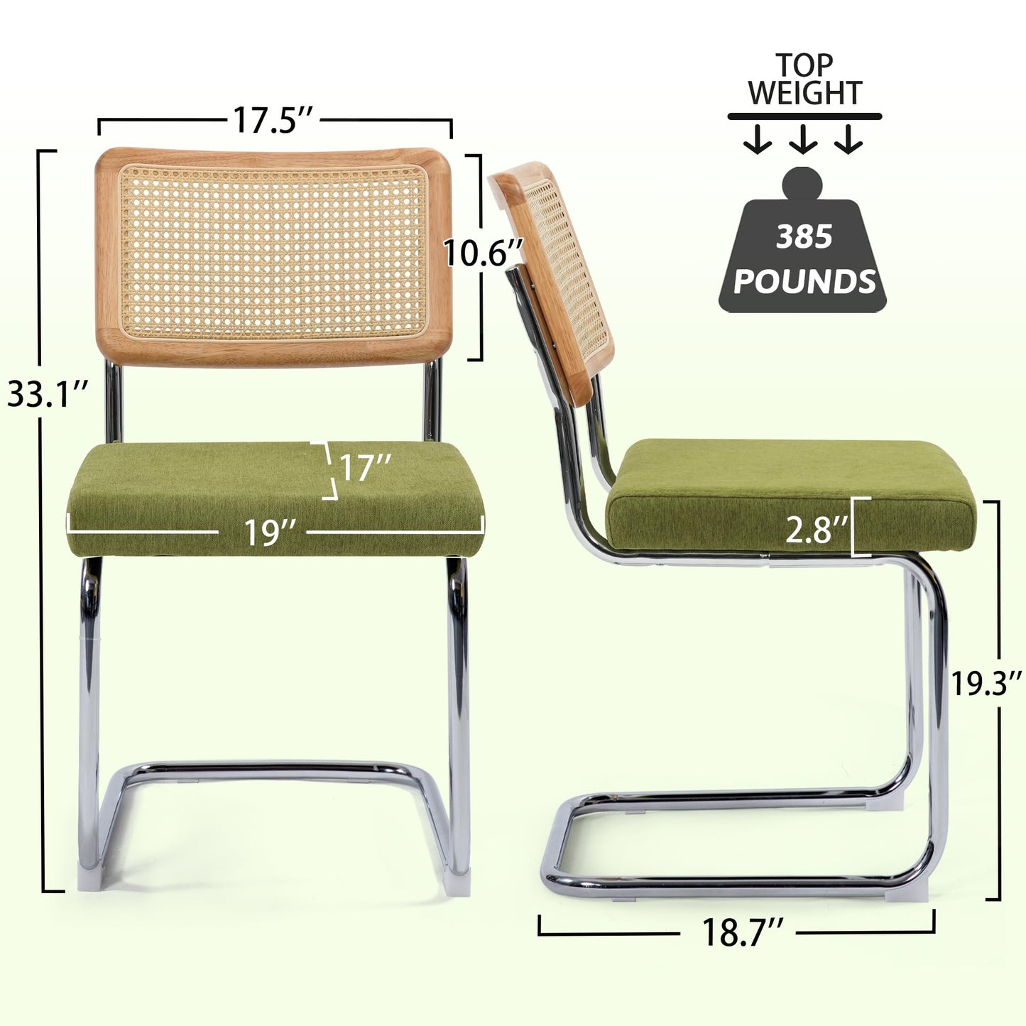 KROFEM Modern Cesca Cane Dining Chairs, Set of 4, Handwoven Rattan Cane Back, Chrome Base, Upholstered Cotton Seat, Ideal for Kitchen or Dining Room, Green