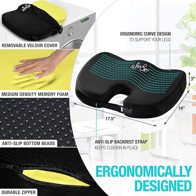 Bod Support Seat Cushions for Office Chairs with Lumbar Support, Desk Chairs, and Car Seats - Adjustable Straps and Non-Slip Ergonomic Design for Tailbone and Lower Back Pain Relief for All Day Use