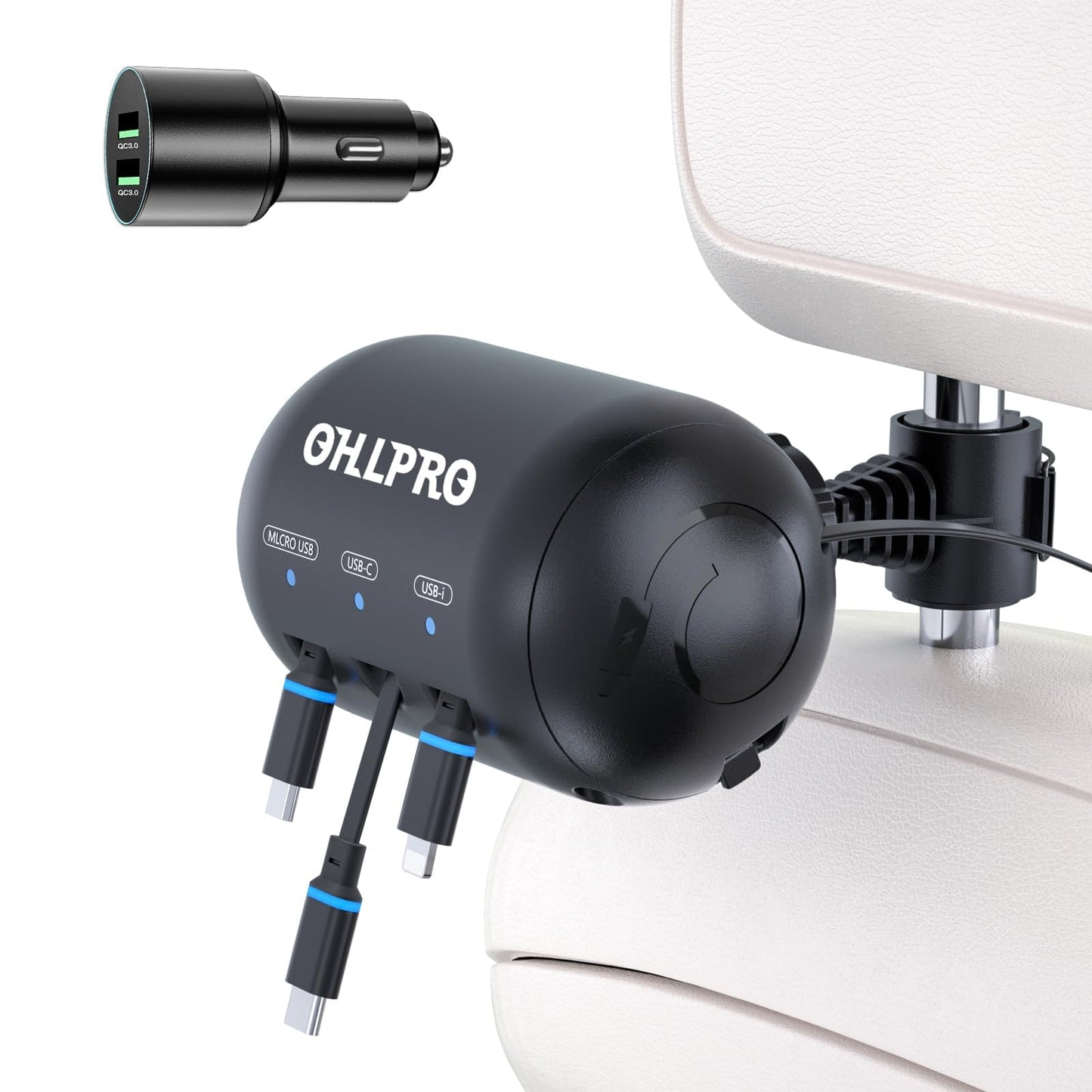 Ohlpro 3-In-1 Retractable Backseat Car Charging Station, 36W Fast Car Charger For All Phones (Iphone, Samsung), Ideal For Lyft,