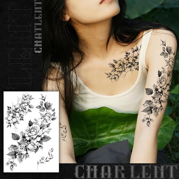 CHARLNET Realistic Flower Temporary Tattoos for Women - 9 Large Sheets Flower Rose Tattoos For Women Body Art Arm Chest Legs Shoulder