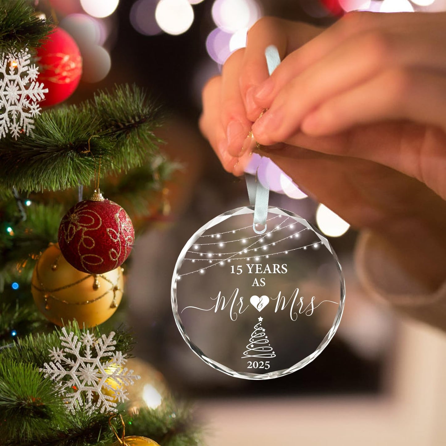 15 Year Anniversary Ornament 2025, 15th Anniversary Wedding Gifts for Couple, 3" Glass Keepsake Valentines Gifts for 15 Year Wedding Christmas Ornaments 2025