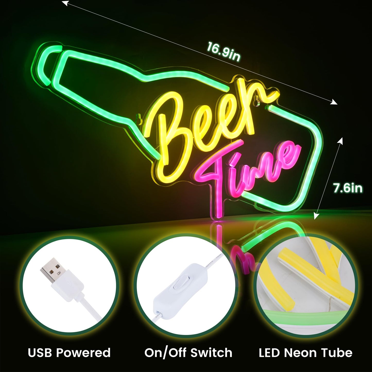 Kavaas Beer Time Beer Neon Sign 16.9" x 7.6", Neon Beer Signs for Man Cave, Home Bar, Pub, Wall Decor - Best Gifts for Beer Lovers, Birthday, Christmas