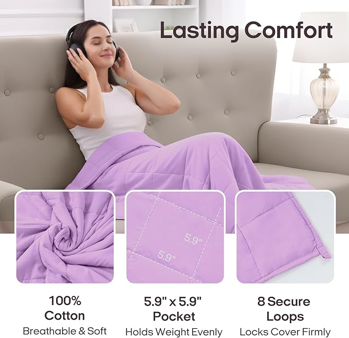 ZonLi Weighted Blanket for Adults (100% Cotton, 60"x80", 20lbs, Queen Size Light Purple) High Breathability Heavy Blanket, Soft Material with Premium Glass Beads, All-Season, Easy Care