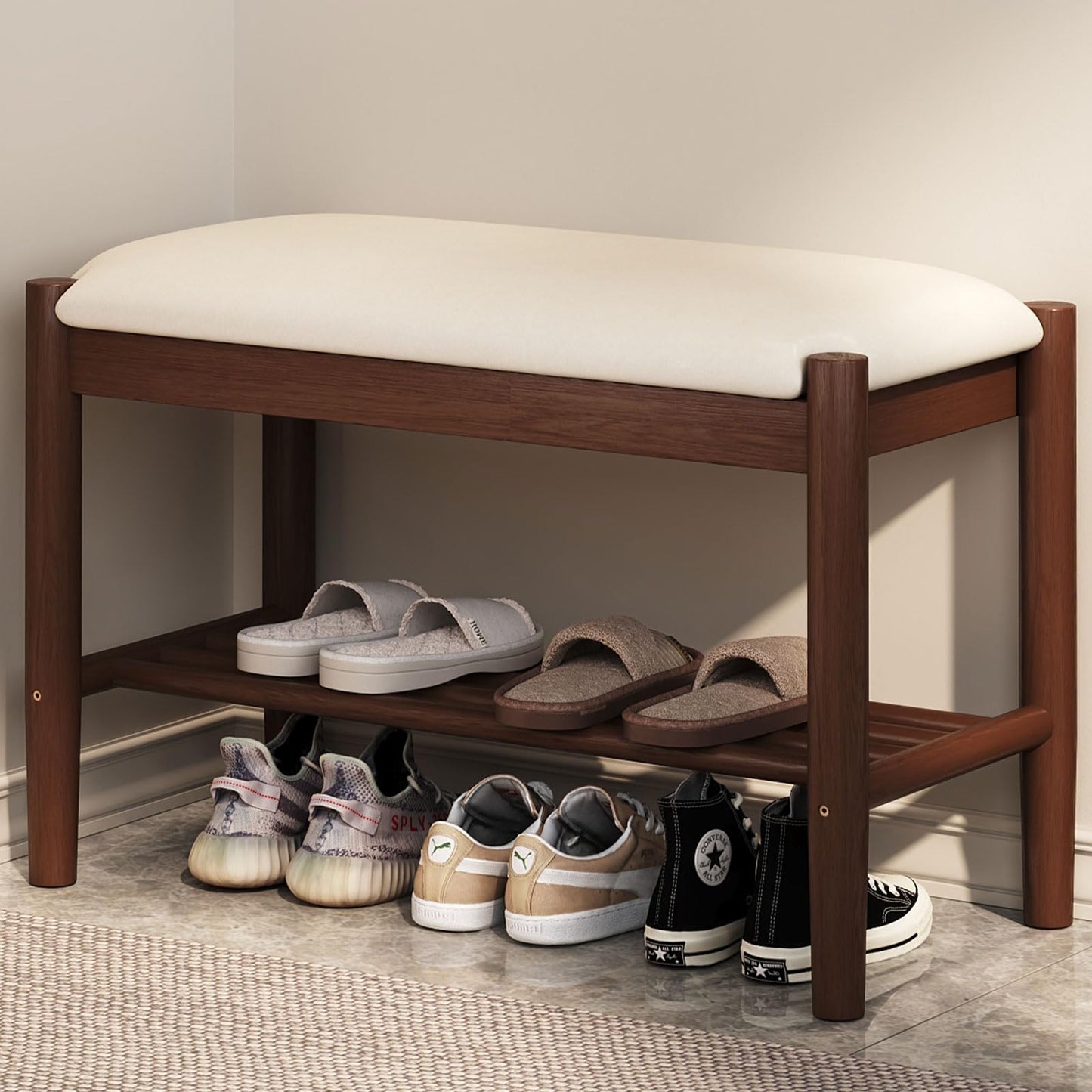 Buzleer Solid Wood Shoe Bench with Cushion, 2-Tier Shoe Rack for Front Door Entrance, Enterway Benches with Shoe Storage (Walnut, 31.5in)