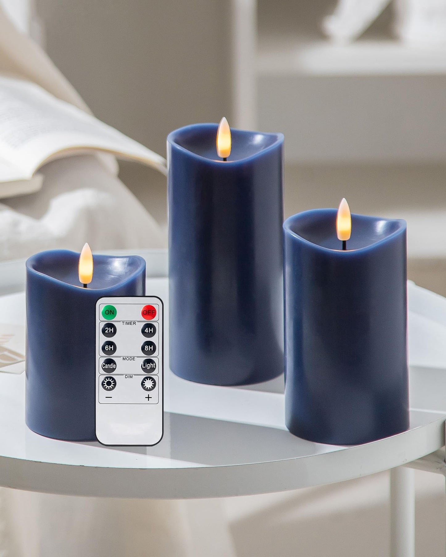 Velsyn Navy Blue Flameless Candles with Remote and Timer, Real Wax Made LED Pillar Candles Battery Operated with 3D Flickering Flame Melted Top, 3" x 4", 3" x 5", 3" x 6", Navy Blue Decor, Set of 3