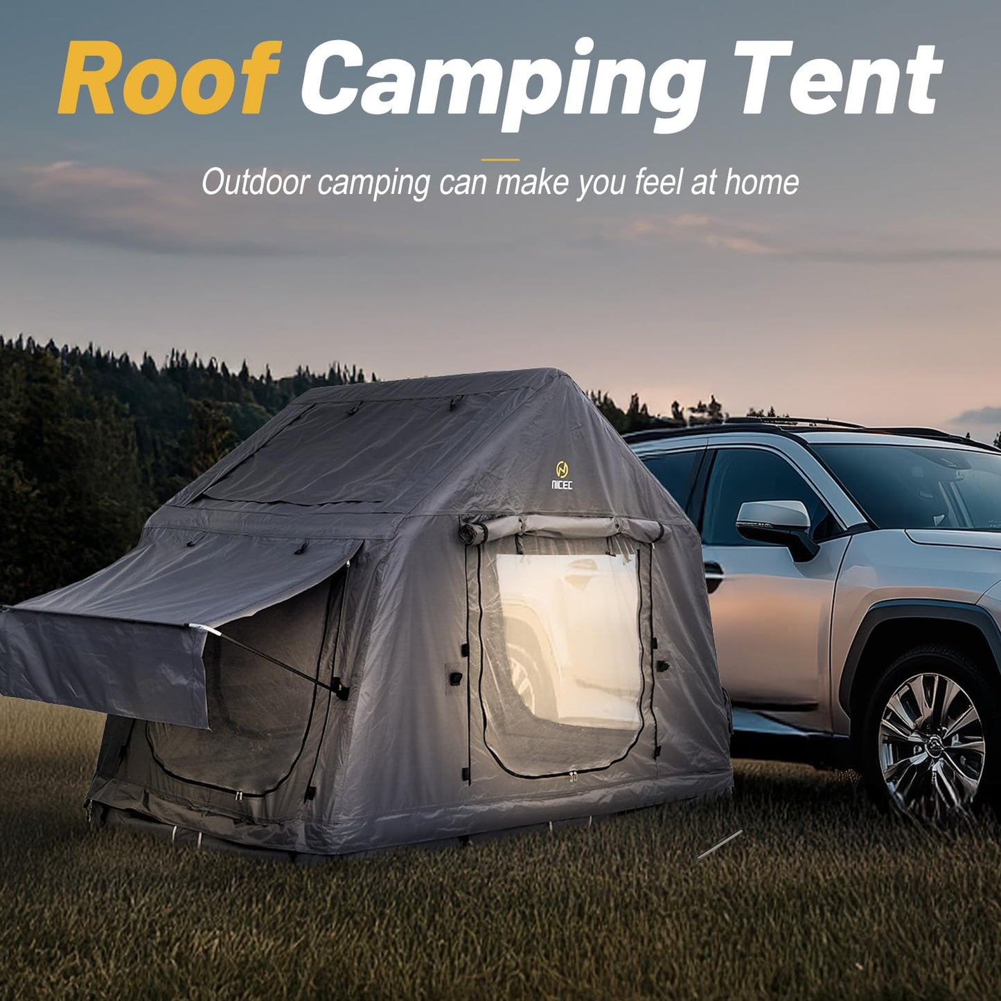 Nice C Inflatable Rooftop Tent with Air Mattress & Ladder, SUV Truck Car Tent for Camping, Easy Setup Pop-Up Camping Car Roof Tents with Pump, Waterproof Windproof Overland Tents (Black&Grey)