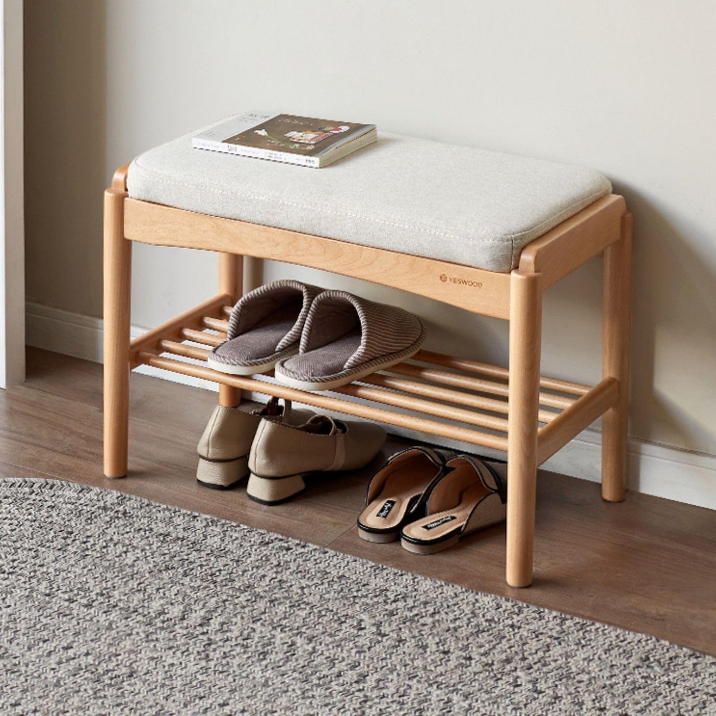Vadisun Solid Wood Shoe Bench Assembled, Shoe Rack Bench with Cushion for Entryway, Living Room, Bedroom, Hallway, 11.8" x 23.6" x 16.5", Natural