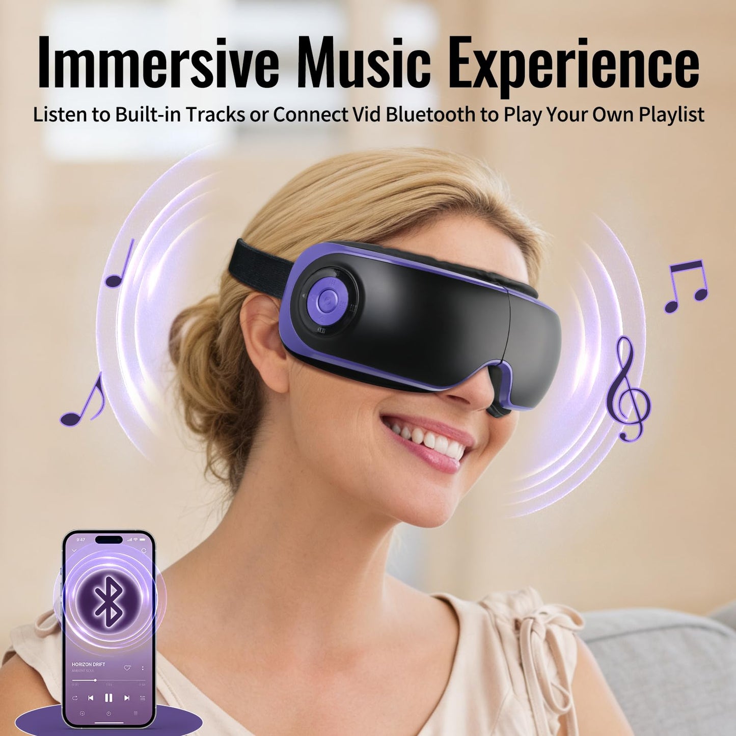 Eye Massager with Heat, Adjustable Bluetooth Music Sleep Mask for Migraine, Dark Circles Relief, Improve Sleep, for Women Men Black Purple