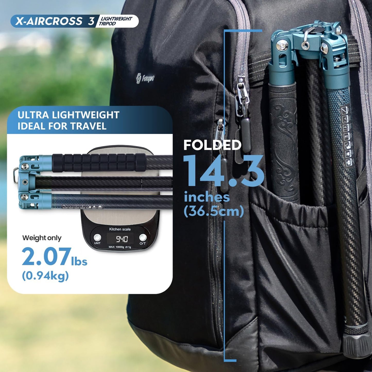Fotopro Carbon Fiber Tripod 60 Inch 360 Degree Ball Head Quick Release Plate Lightweight Camera Tripod for Travel Folded Height Only 14.2", Max Loads up to 22lbs, X-Aircross 3 Blue