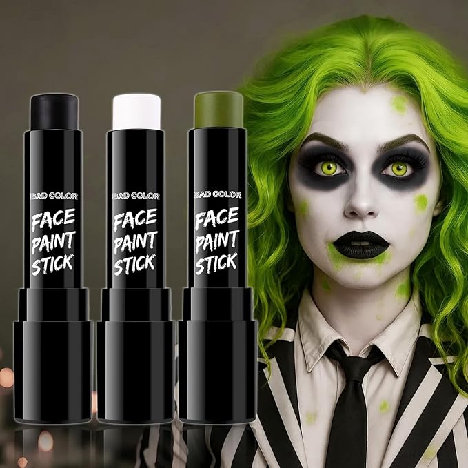 BADCOLOR 3PCS Black White Orge Green Face Body Paint Stick Makeup for Frankenstein/Witch/Grinch/Hulk/Alien/Demon/Evil Clown SFX Cosplay & Dress Up, Full-Coverage Halloween Facepaint Makeup Kit