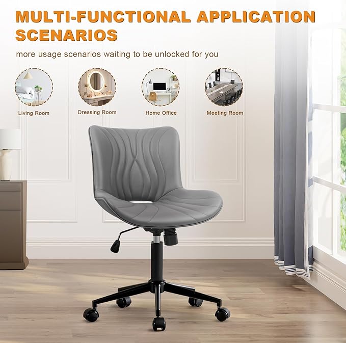 VATROS Office Chair, Armless Desk Chair with Wheels, Ergonomic Comfy Home Office Computer Task Chairs, Faux Leather Padded Cute Vanity Chair, Adjustable Height Swivel Chair with Back,Gray
