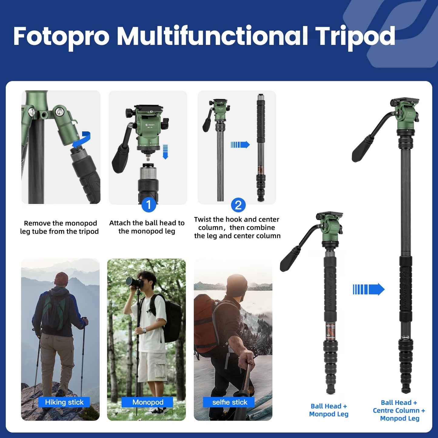 Fotopro 62" Carbon Fiber Camera Video Tripod, 2.3lbs Lightweight Travel Compact Tripods with Fluid Head, Detachable Monopod with Arca-Swiss Quick Release Plate, Load up to 11lbs,Compatible with DSLR