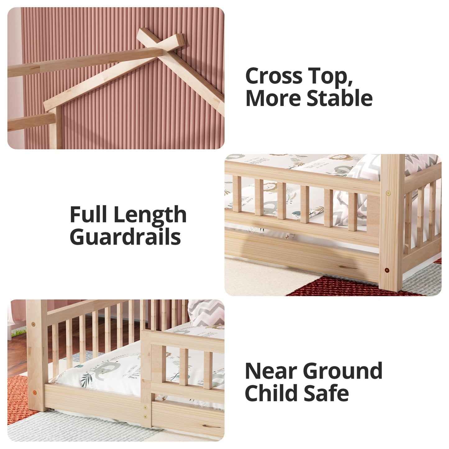 LLS Twin House Bed with Fence, Wooden Montessori Bed with Slats Support, Floor Bed Frame for Boys Girls Bedroom, Natural