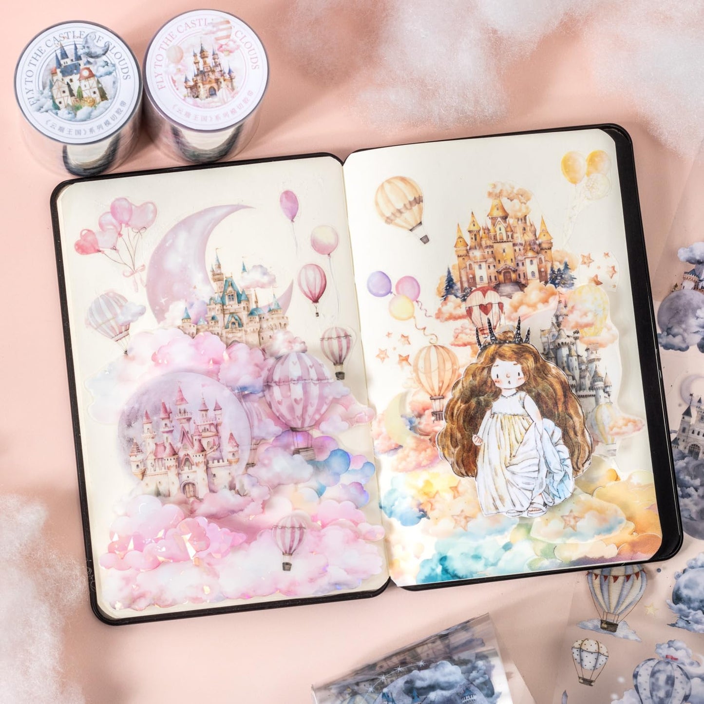 Cloud-Themed Pre-Cut PET Tape Set, 6 Rolls of Fantasy Castle and Balloon Stickers for Scrapbooking, Journaling, and DIY Craft Supplies