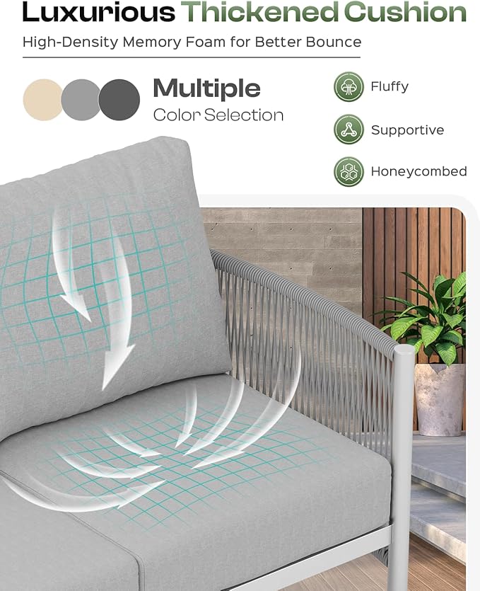 Aluminum Outdoor Patio Furniture Set with Dual-Layer Coffee Table, 4 Piece Modern Patio Conversation Sets with PE Rope, Outdoor Sectional Sofa with Thick Cushions for Balcony, Porch, Silver